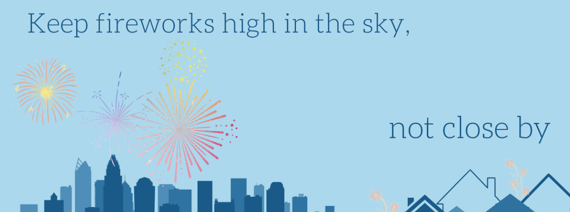 Fireworks safety banner, Air Quality banner of CLT skyline abstract, with fireworks in the sky and a warning message., Air Quality document